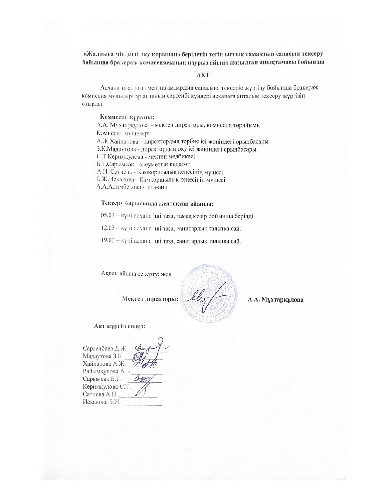 Бракераж комиссиясының наурыз айындағы мектеп асханасының жұмысын ұйымдастыруды тексеру қорытындысы бойынша жасаған анықтамасы бойынша АКТ