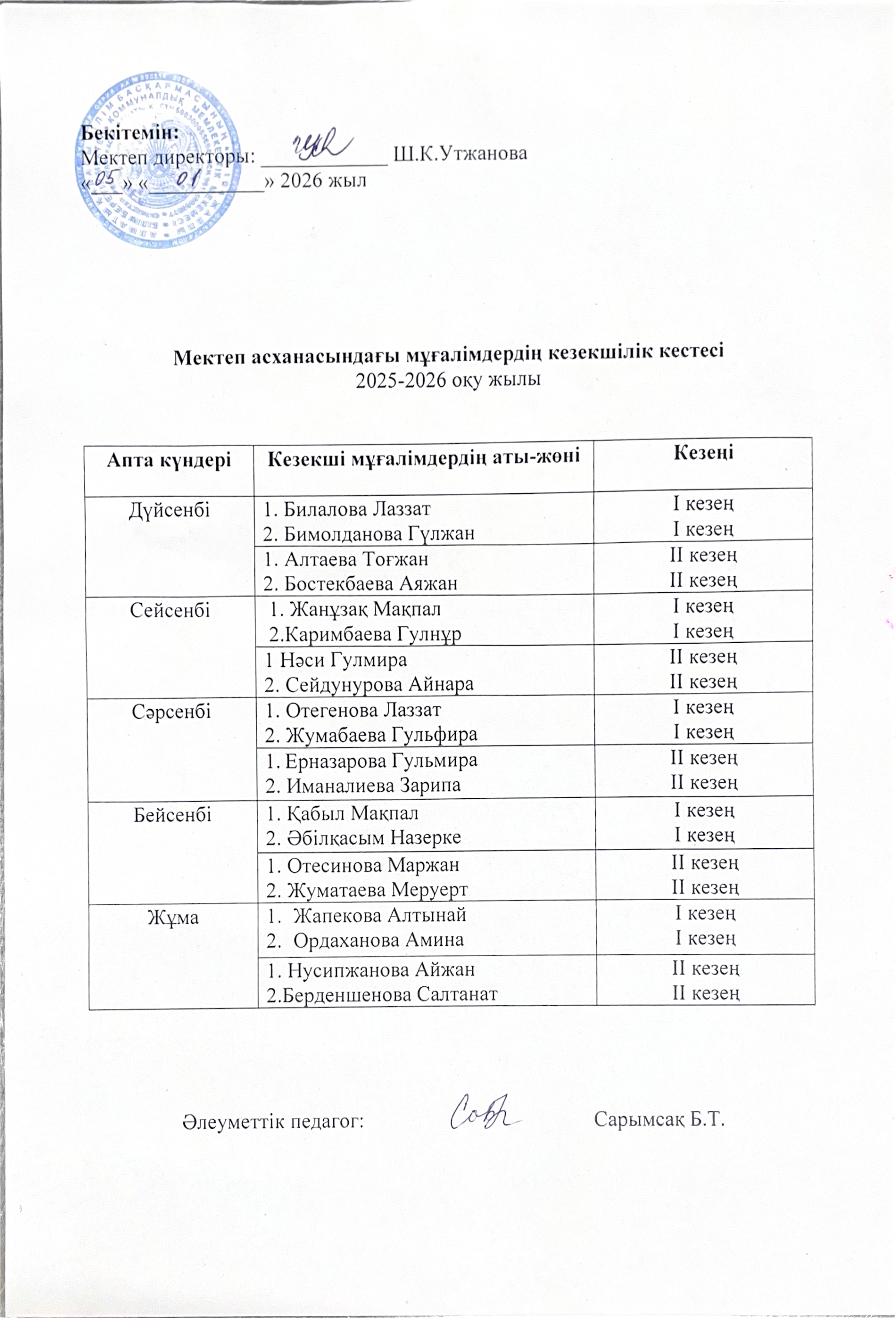 Мектеп асханасындағы мұғалімдердің кезекшілік кестесі